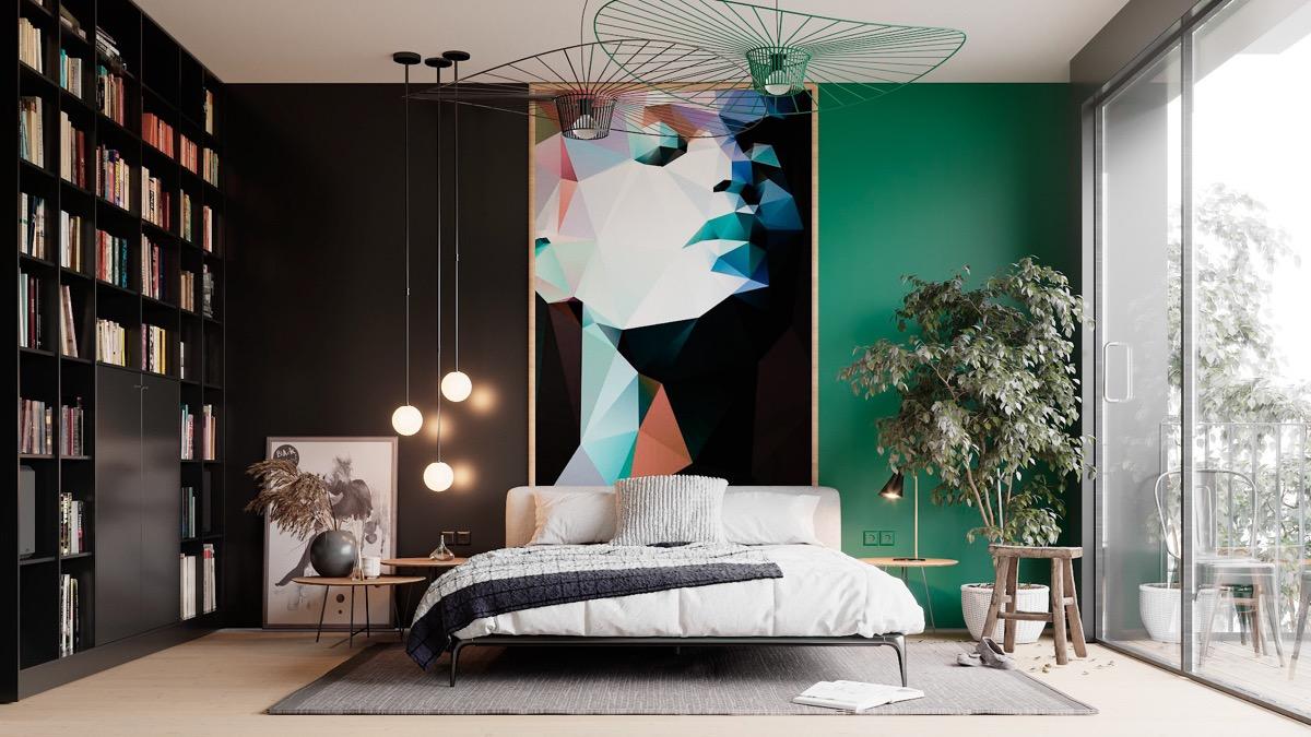 Kamar tidur mewah dengan warna dan pencahayaan yang kontras