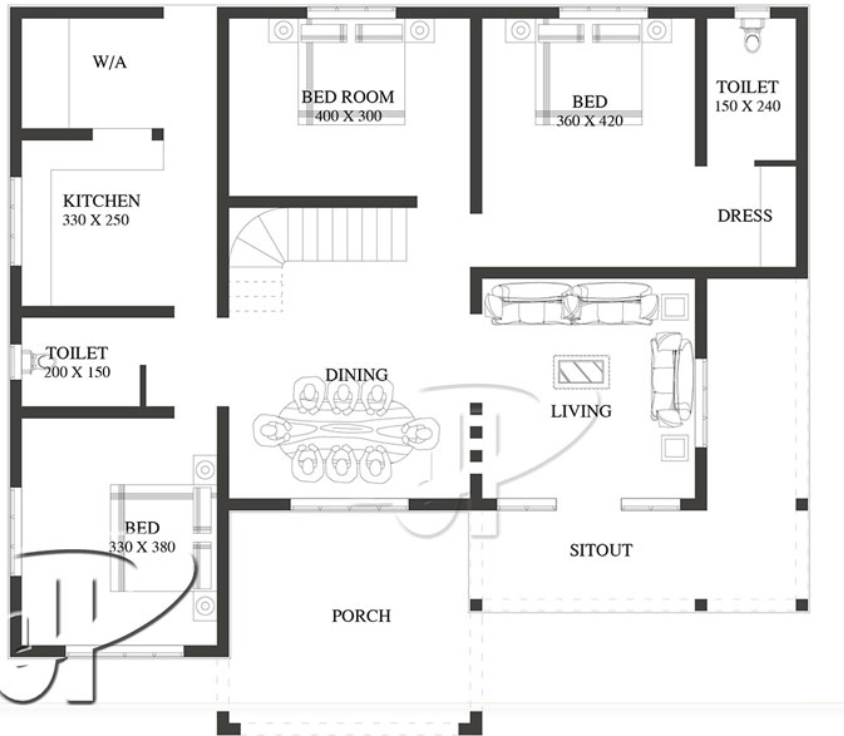 Denah Rumah 3 Kamar dengan Roof Deck