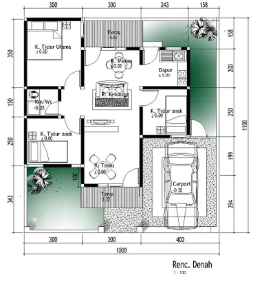 Denah rumah dengan ruang terbuka di tengahnya