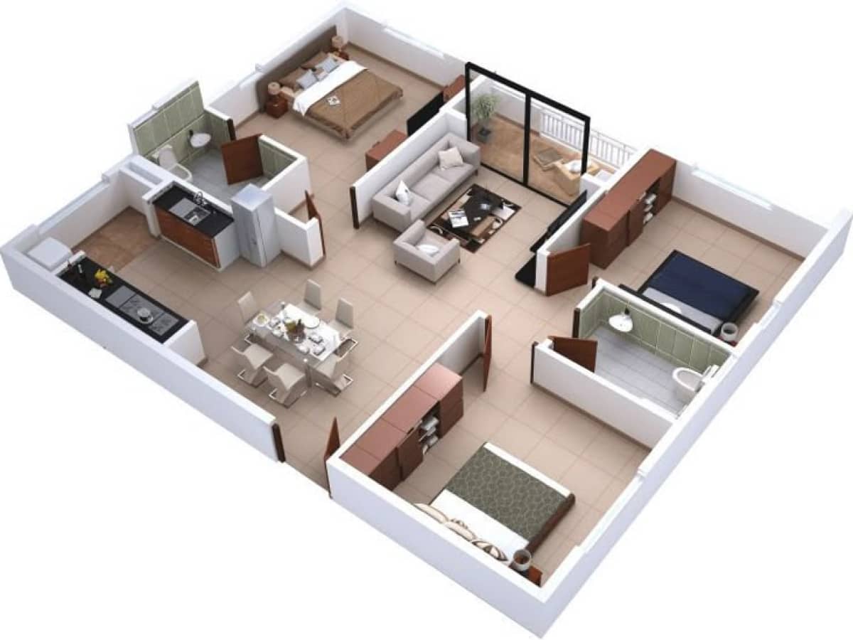 Desain Rumah 3 Kamar Mengitari Ruang Keluarga yang Terbuka